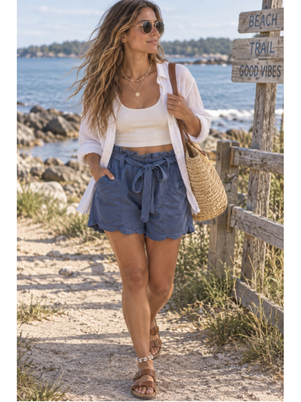 Lucky Brand Navy Linen Paperbag High Rise Tie Waist Shorts - Size M